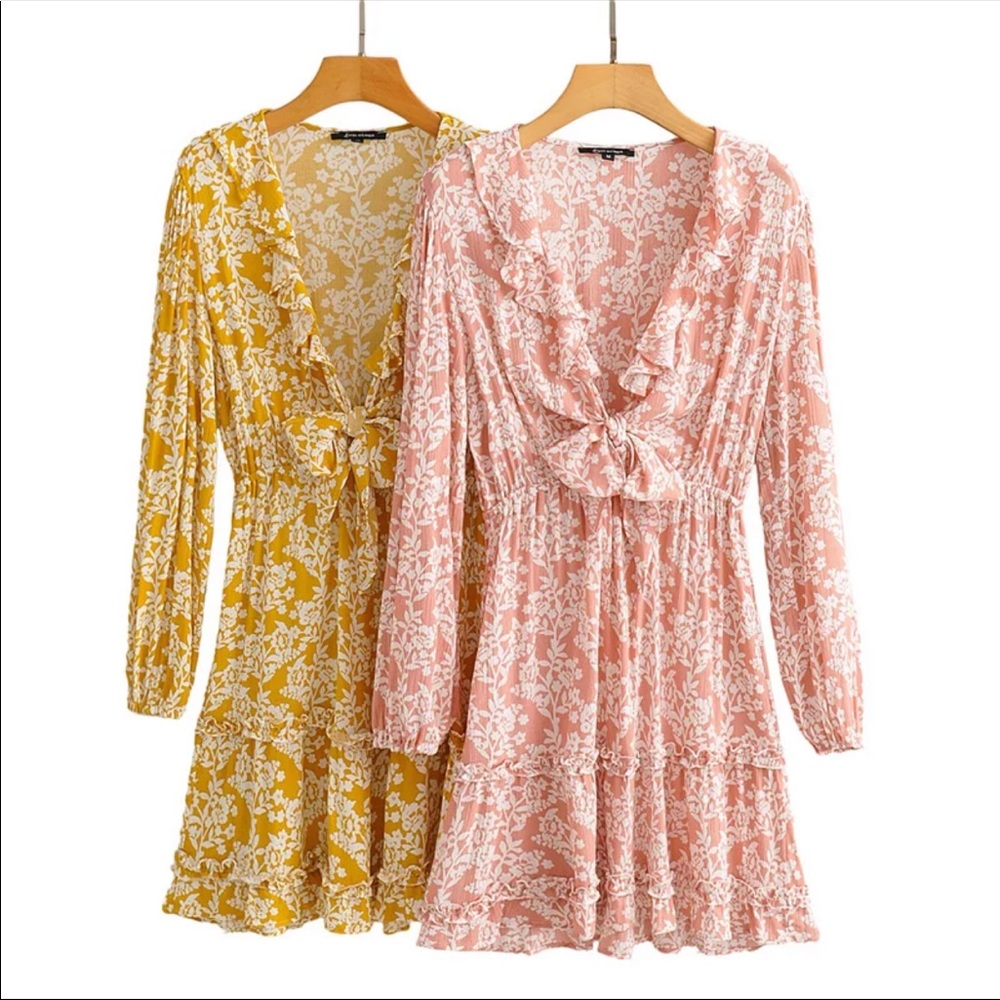 Ruffle Floral Long Sleeve Boho Gypsy Dress pink - Picture 6 of 14